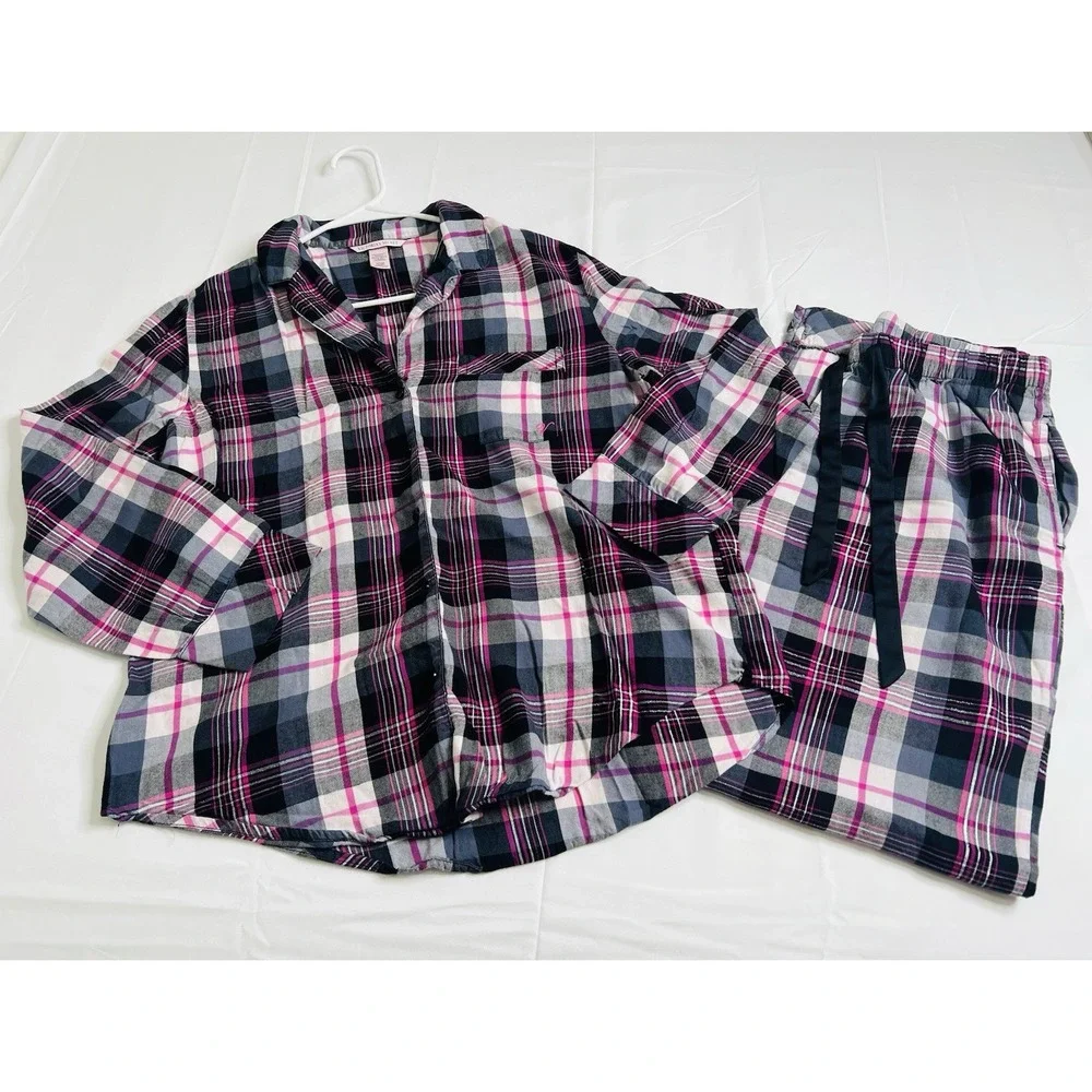 Victorias Secret 2PC Flannel Plaid Long Sleeve ButtonUp Shirt Pants Pink Black S
